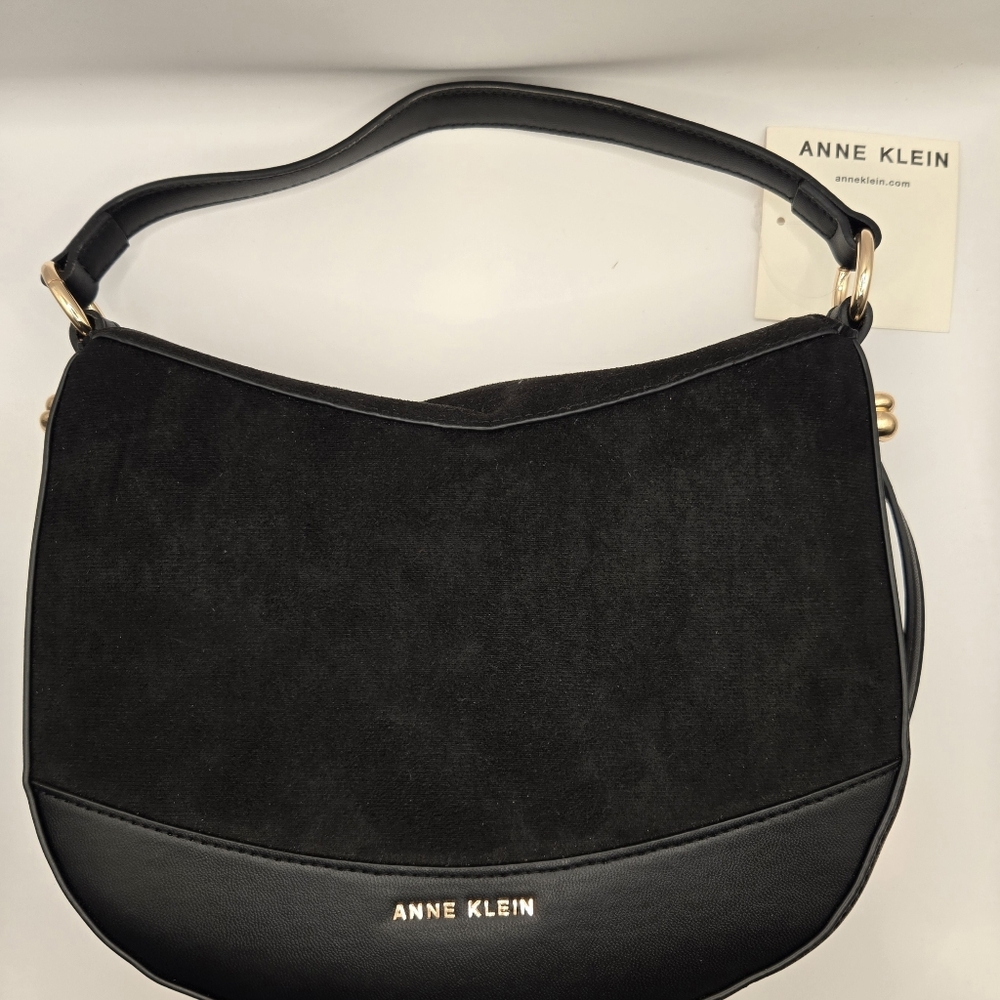 NWT Anne Klein Black Suede Hobo Crossbody Bag Gold Hardware